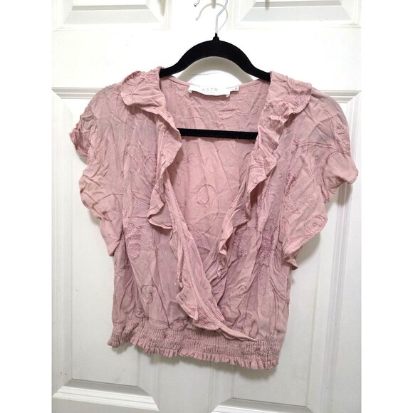 ASTR The Label Pink Embroidered Ruffle Wrap Top With Elastic Waist Womens Size S - Picture 2 of 10